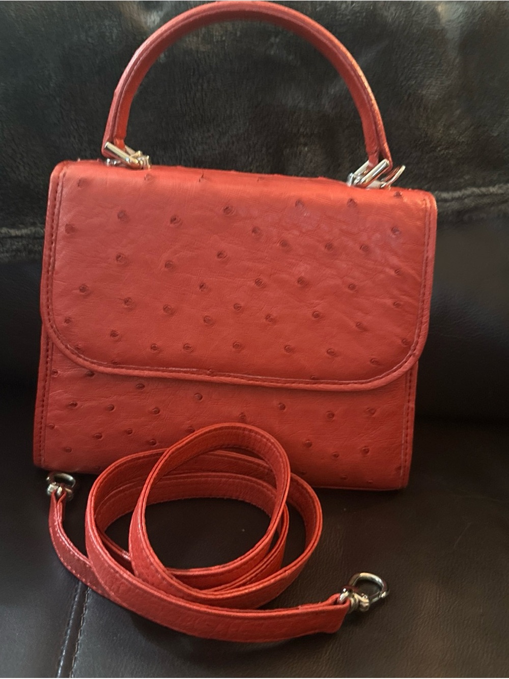 Vintage Sabatini Red Ostrich Embossed Leather Women's handbag/crossbody